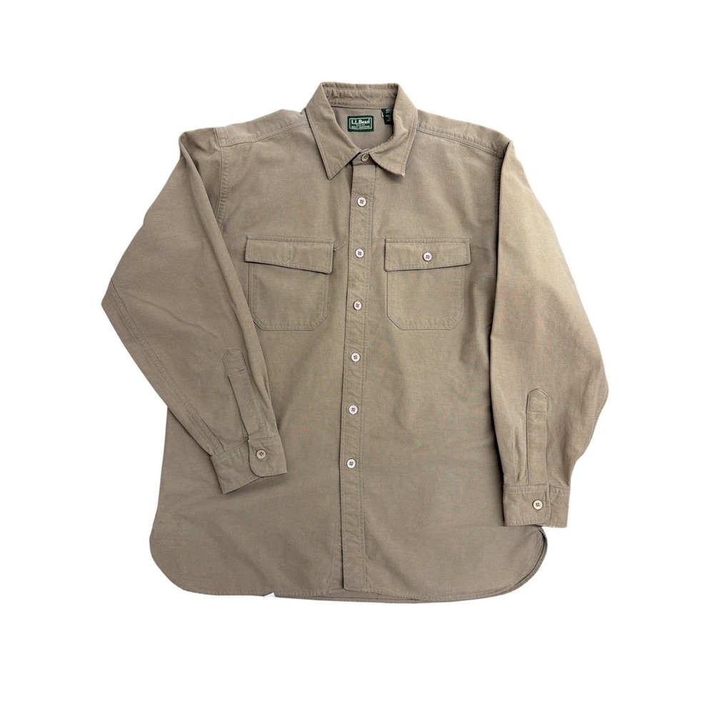 LL Bean Mens Large Chamois‎ Cloth Shirt Khaki Tan Cotton Button Up Workwear 1383